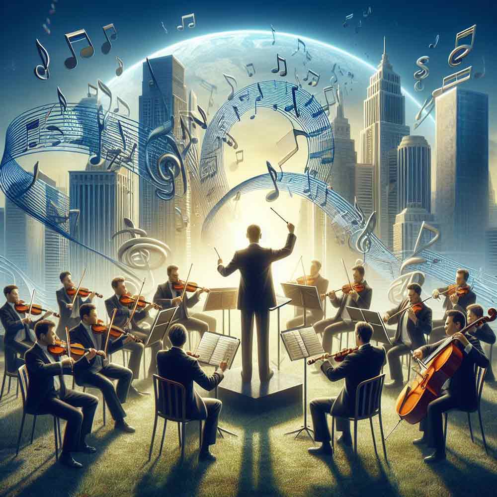 An illustration depicting an orchestra with a conductor in a city park