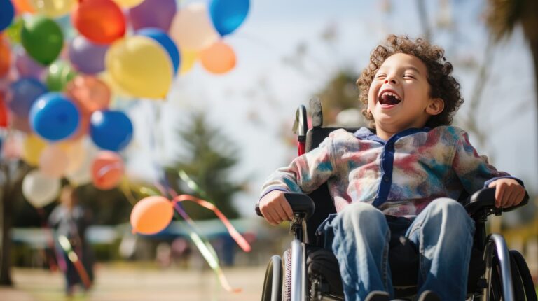 A happy boy in a wheelchair with balloons in the background