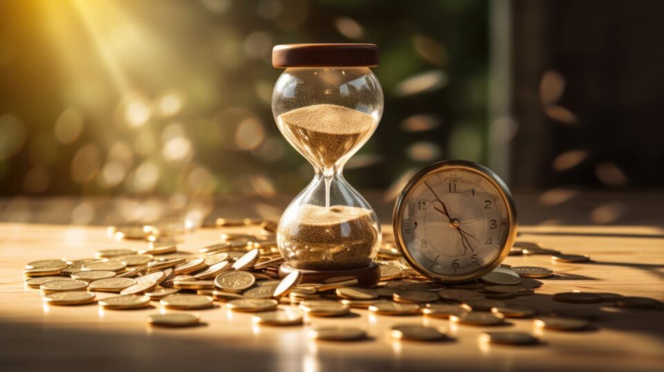 Sand falling through a hourglass on a desk with coins scattered across it