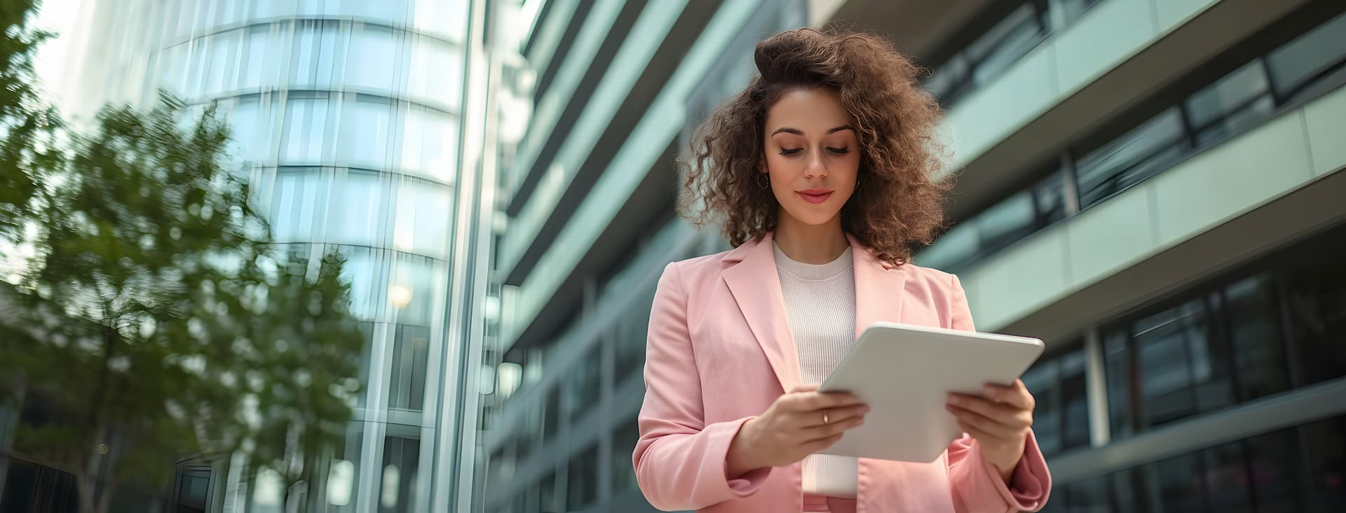 A woman looking at an iPad while walking down a street