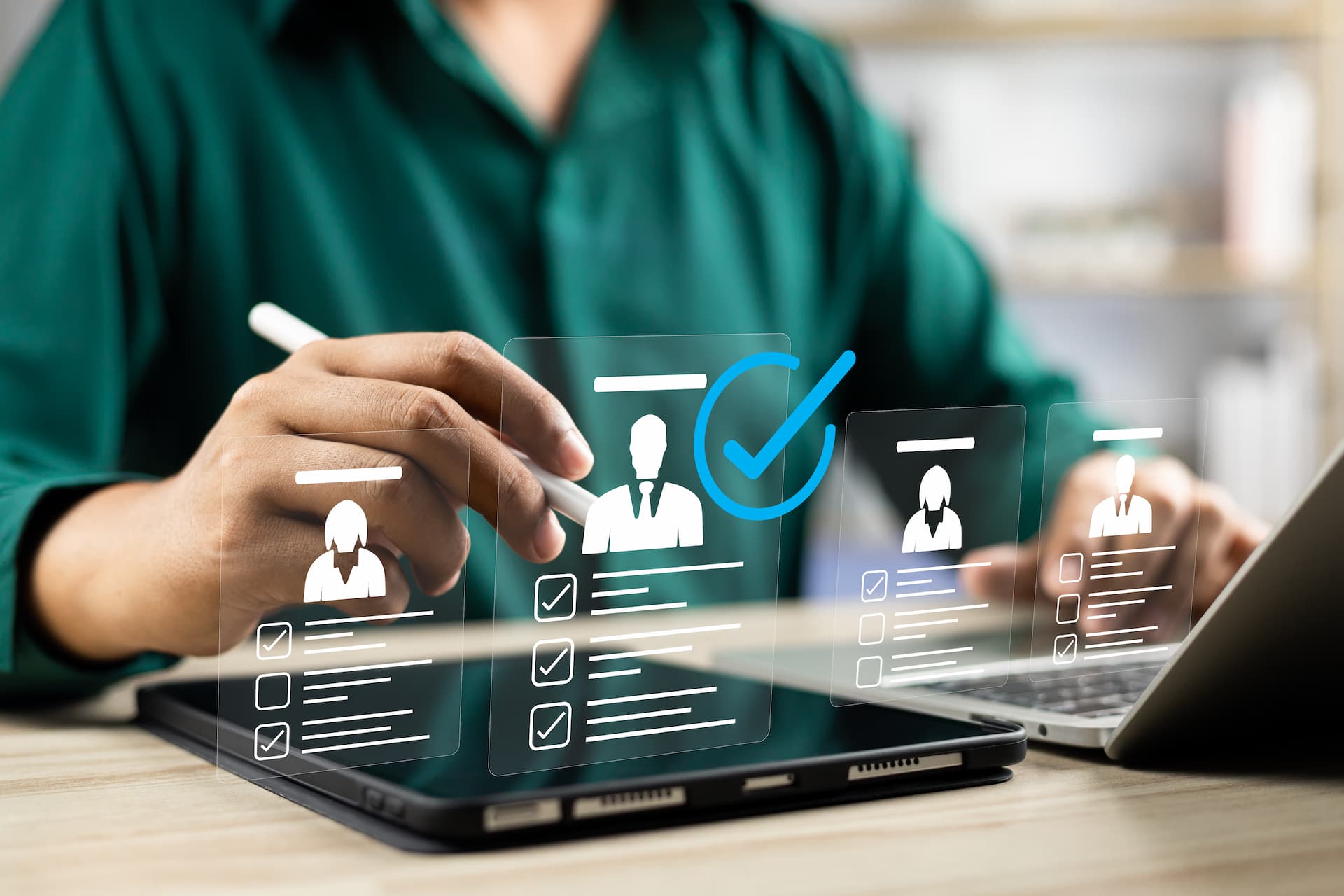 Customer profiles floating above a tablet