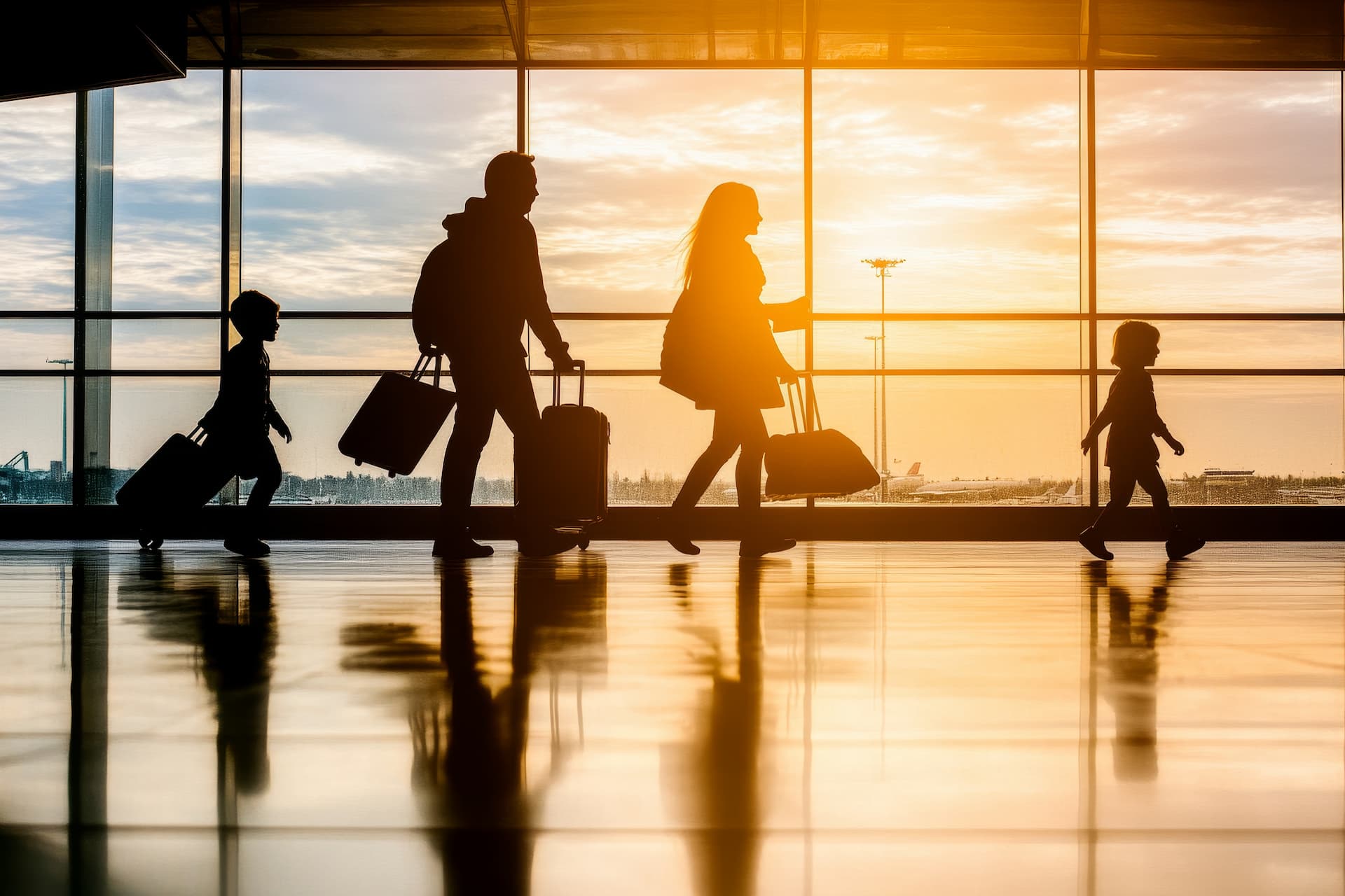 A family walking through an airport with their luggage while the sun shines through the window