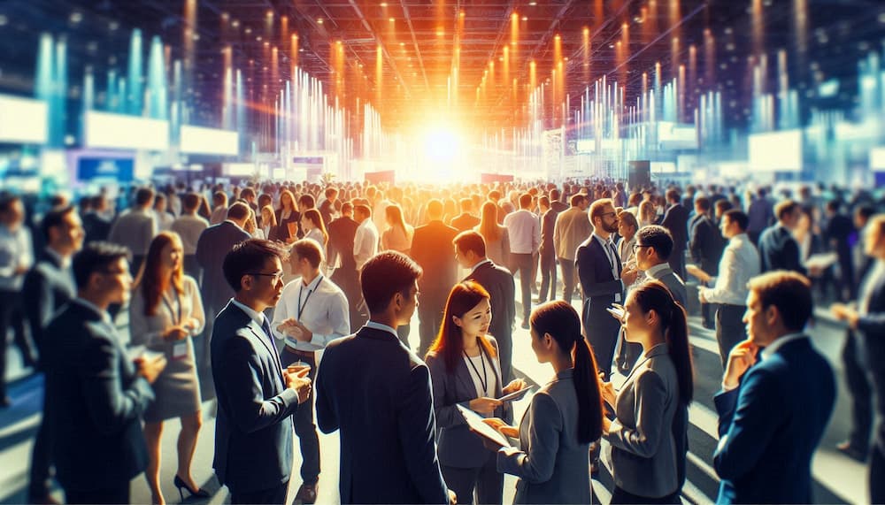 A large room in a conference center with many agents forming a crowd while networking with each other