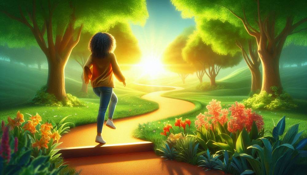 An illustration of a woman walking through a meadow