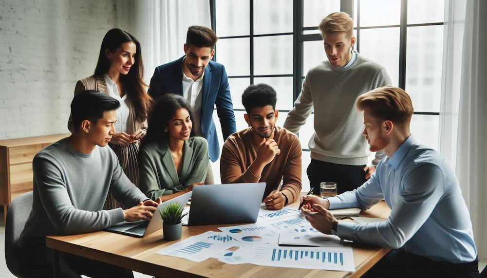 A group of agents gathered around a table with a laptop on it