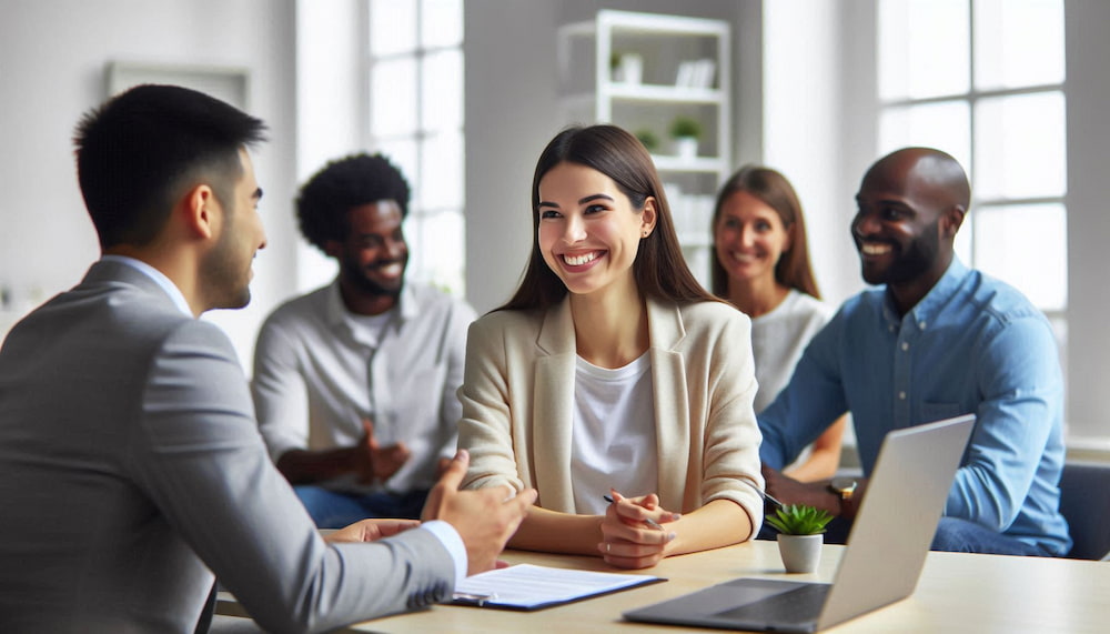 A group of people sitting down and meeting an insurance agent