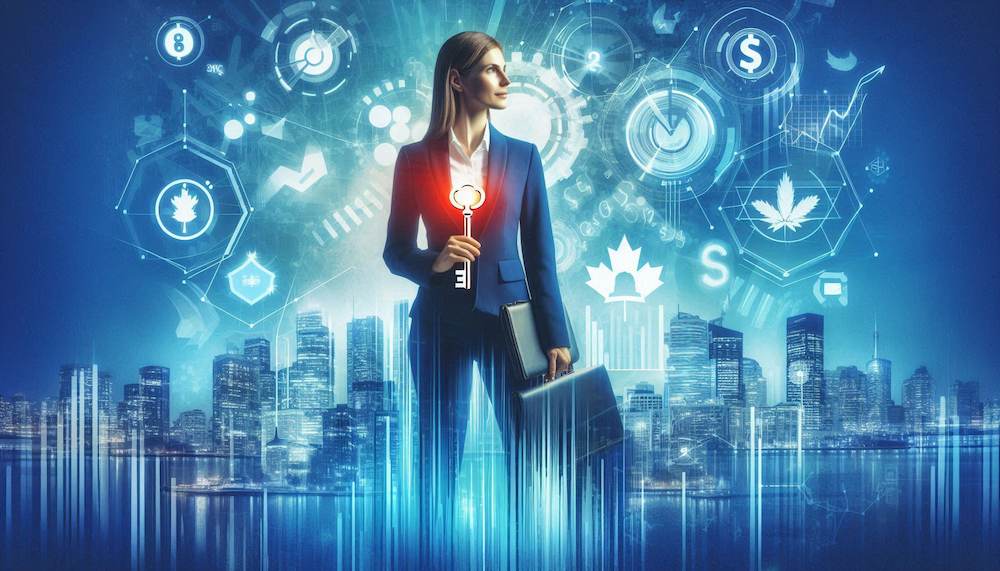 A woman standing while holding a key