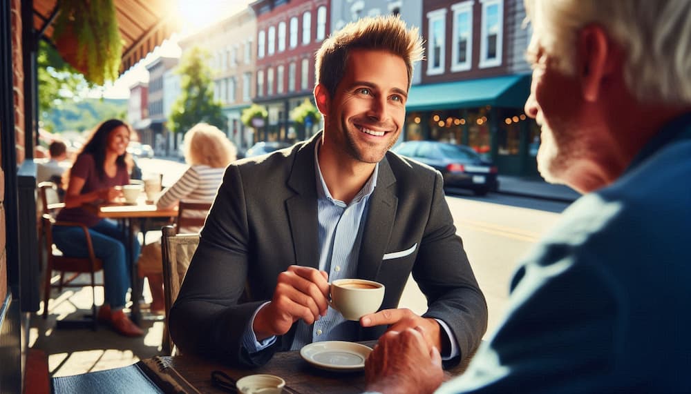 An insurance agent meeting with a client on a cafe patio with a city street behind them