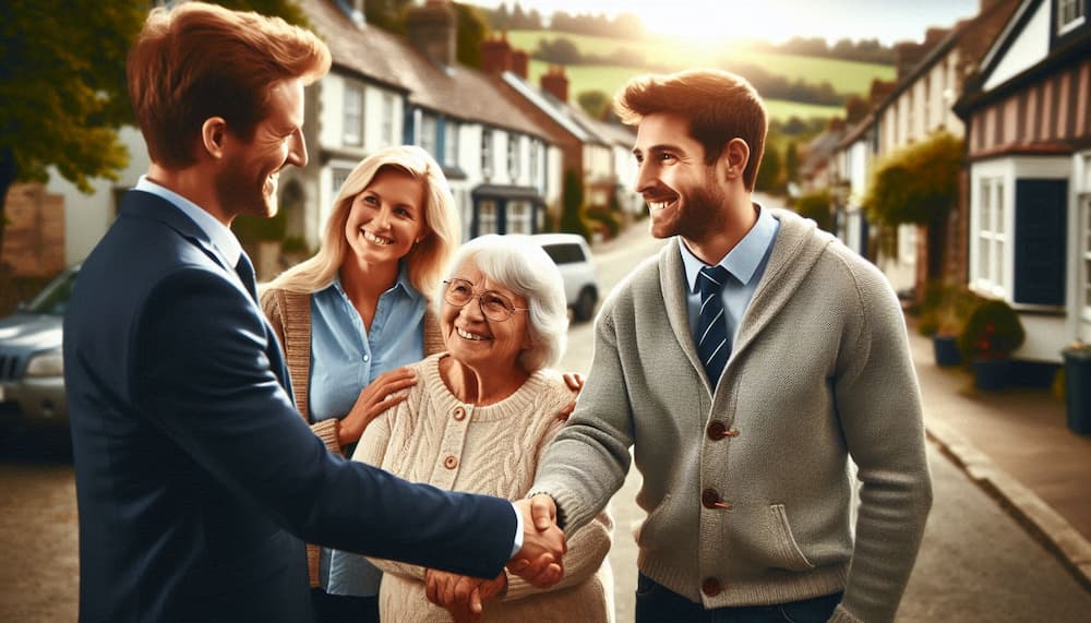 An insurance agent shaking hands with a client in a village