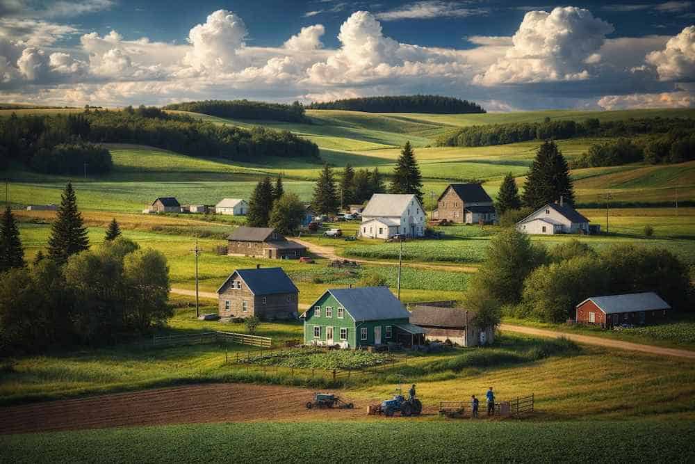 An aerial photo of a small rural Canadian town.