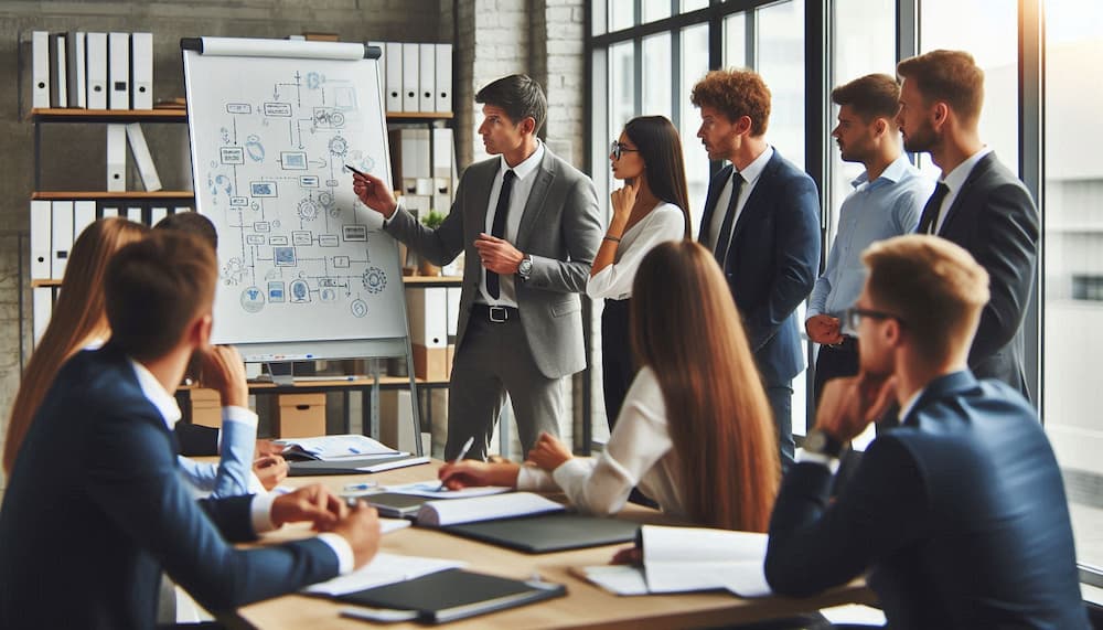 A group of insurance agents in a boardroom gathered around a whiteboard