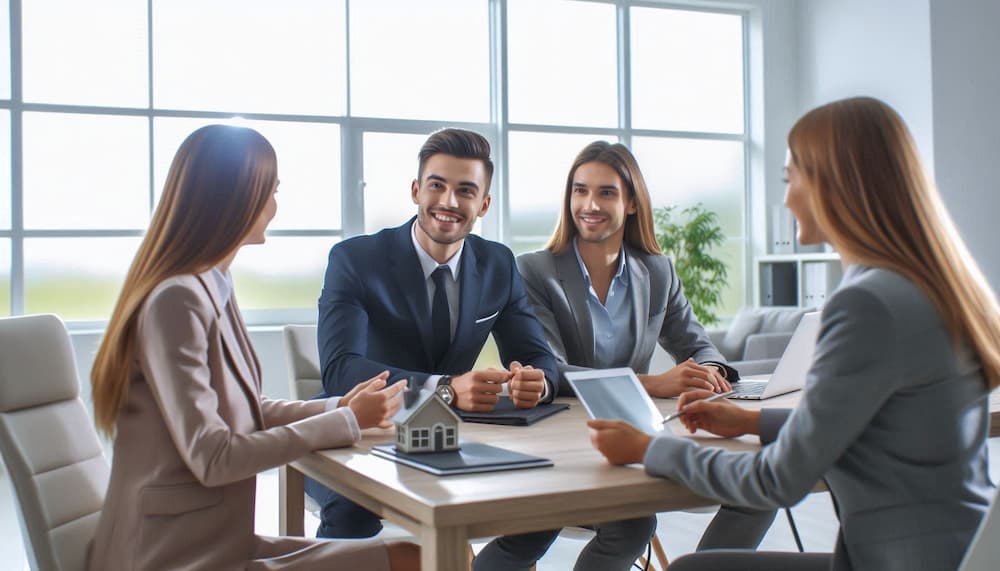 A meeting in a bright sunlit room between real estate agents and insurance agents