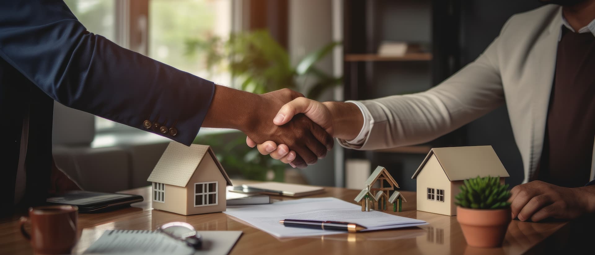 A close up of a handshake over a real estate agents desk