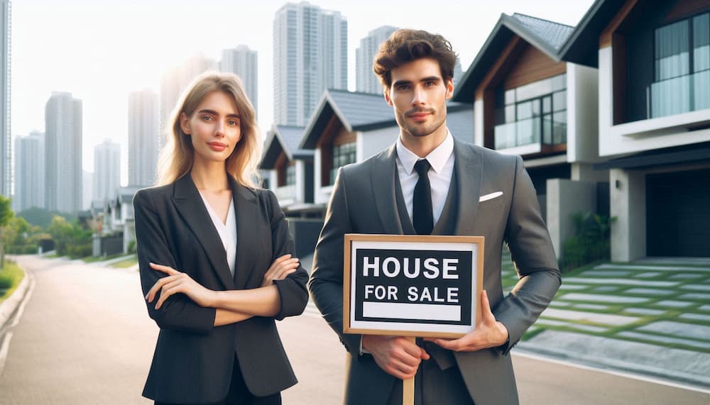 Two real estate agents posing for the picture in front of some townhouses