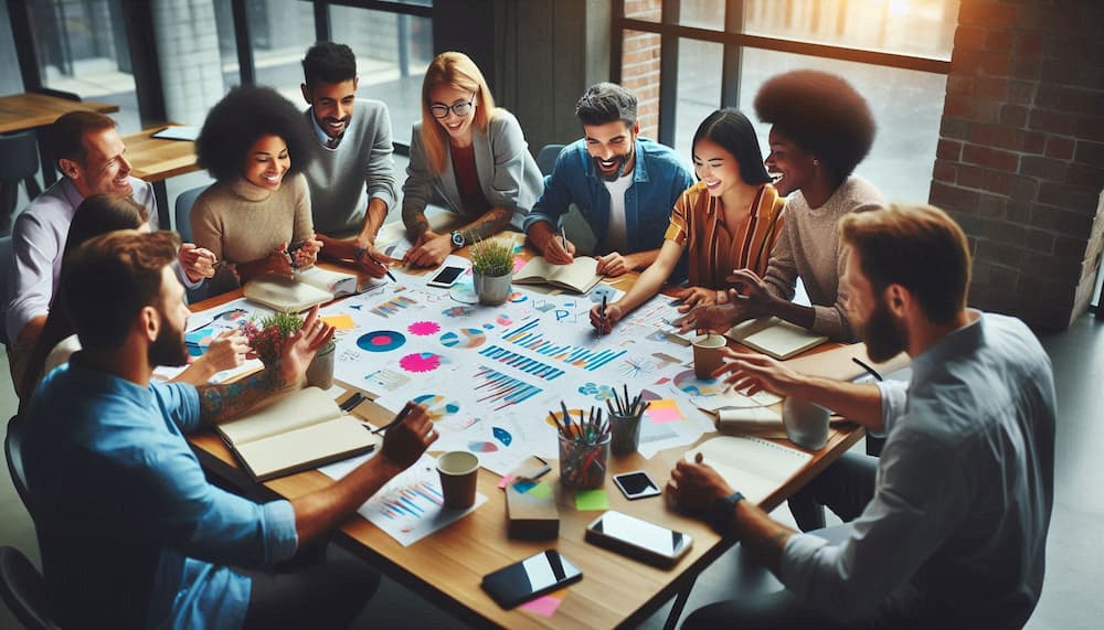 A large table in a boardroom surrounded by insurance agents going over paperwork
