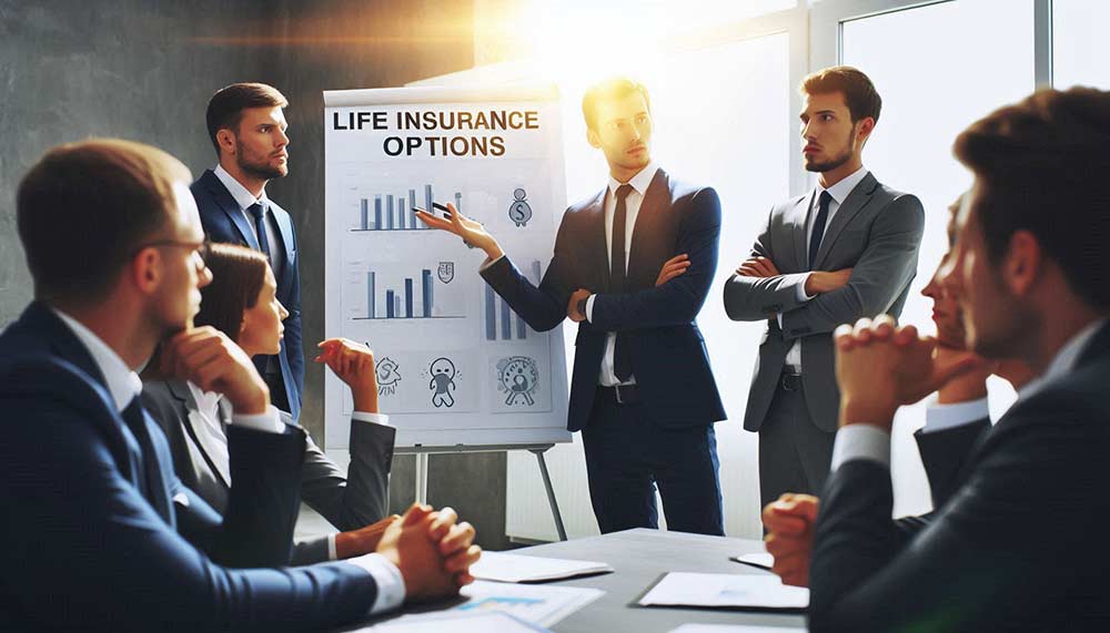 A group of insurance agents discussing options in a board room