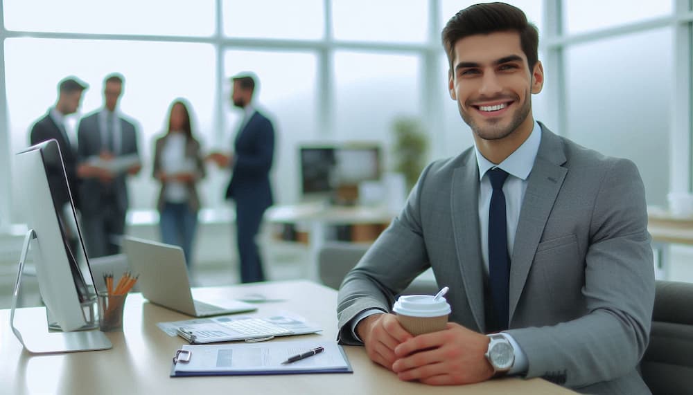 Young professional insurance agent in a gray suit