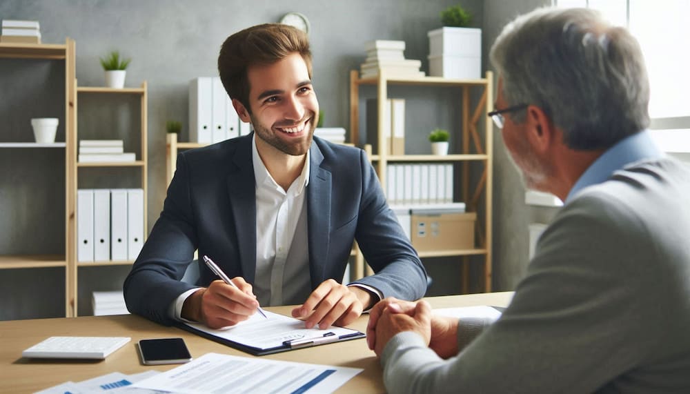 Insurance agent in a suit discussing insurance with a client