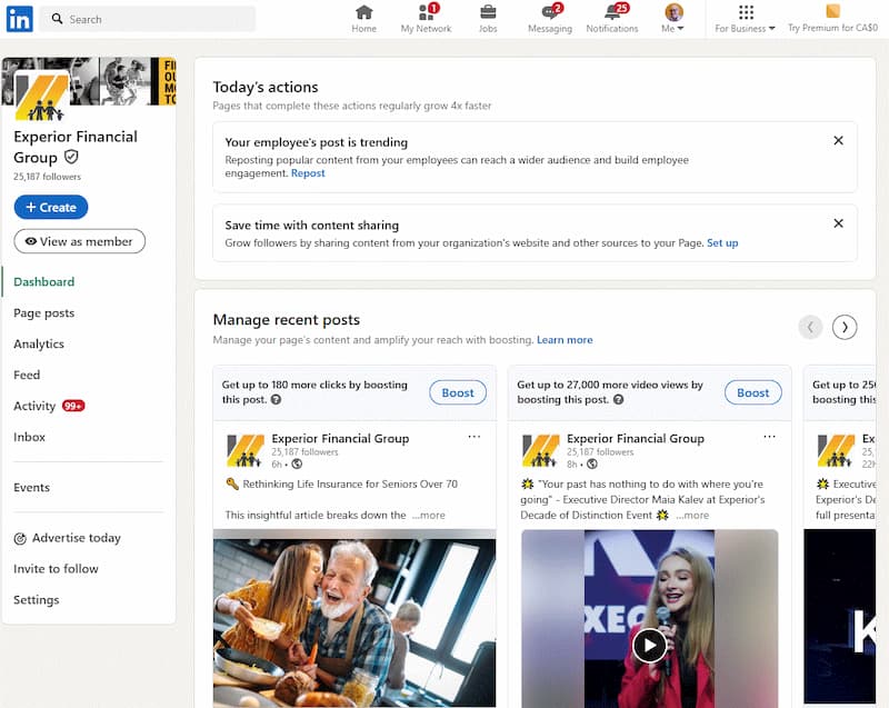 Experior Financial LinkedIn Page