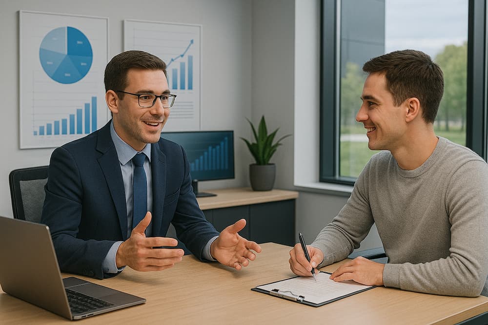 Two men in a meeting with charts on the wall
