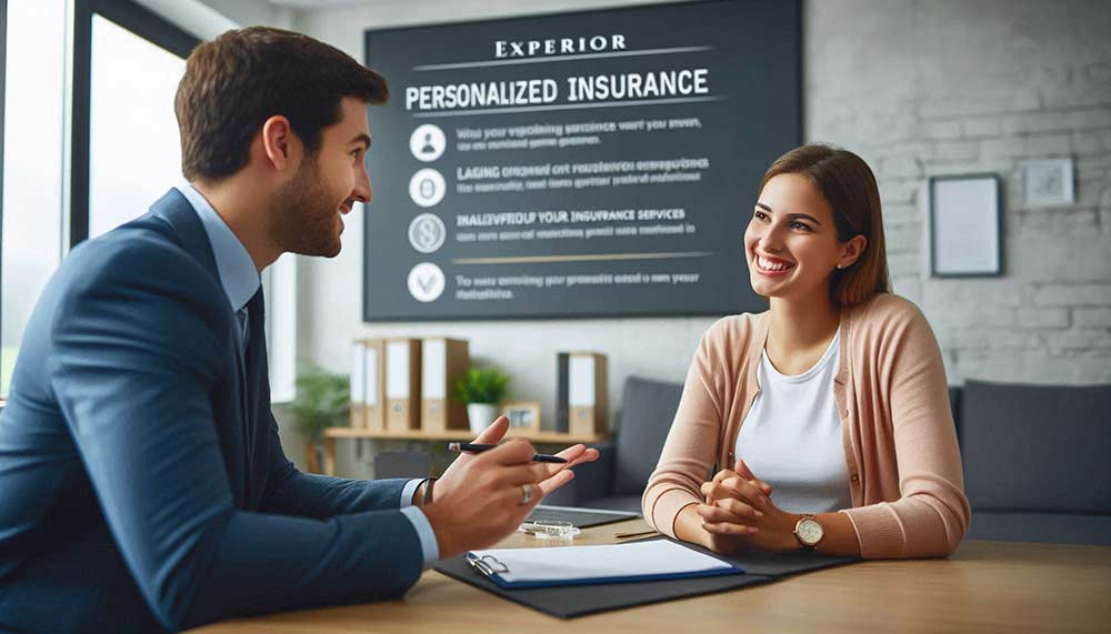 Two people discussing insurance in a modern office