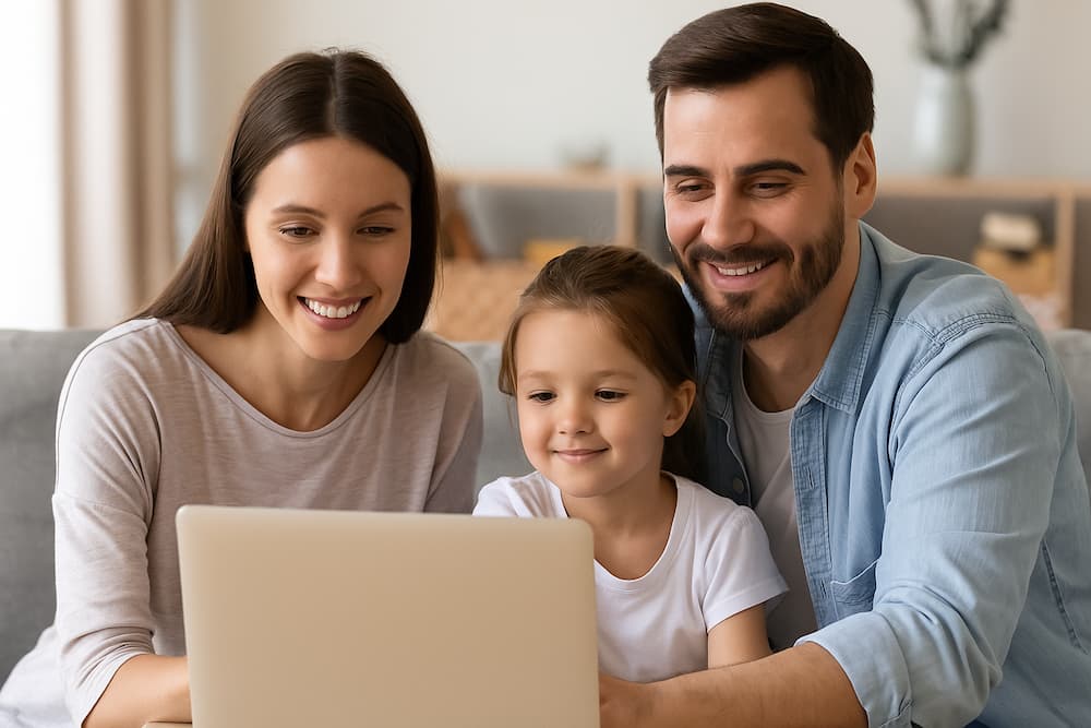 Smiling young family with a little girl looking together at a laptop on the couch at home.