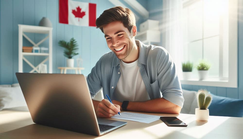 Cheerful young man taking notes