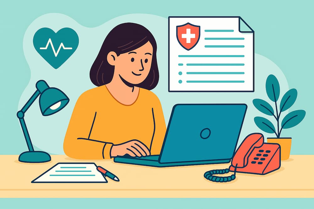 A smiling insurance agent working at a desk