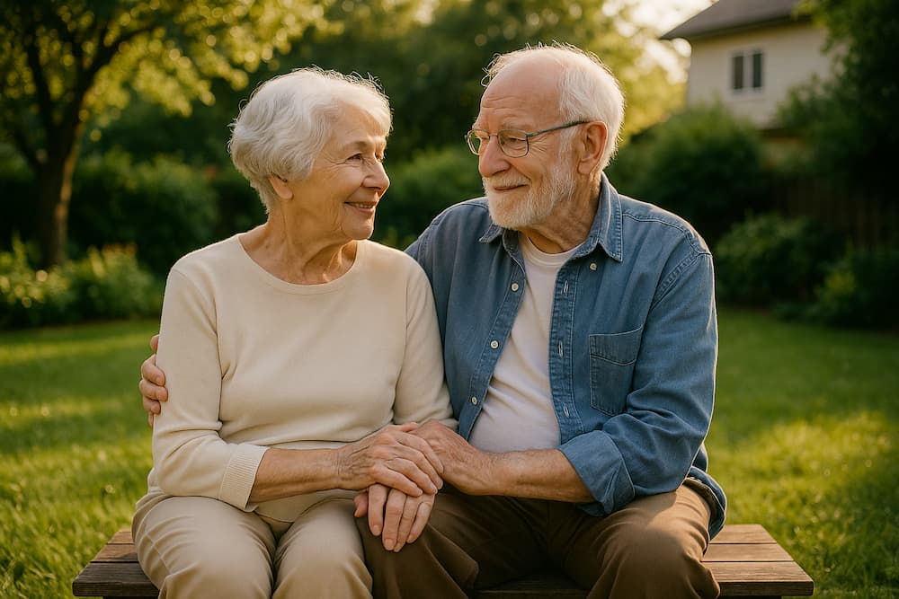 Affectionate elderly couple sitting on a park bench