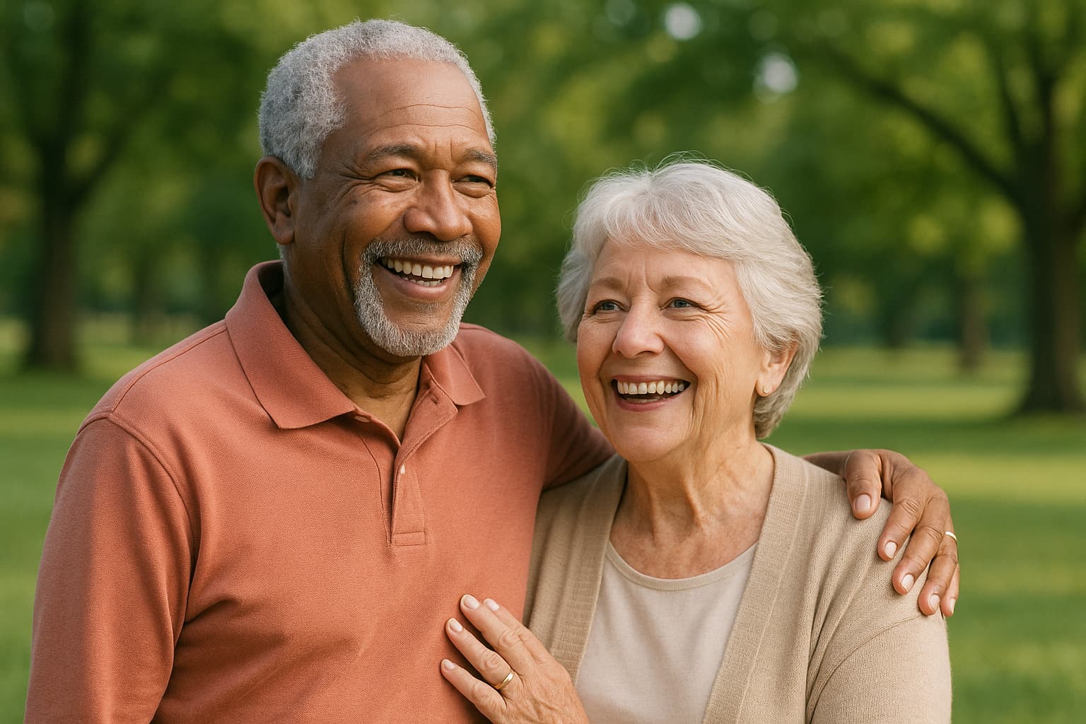 Joyful senior couple smiling together outdoors in a park, arms around each other.