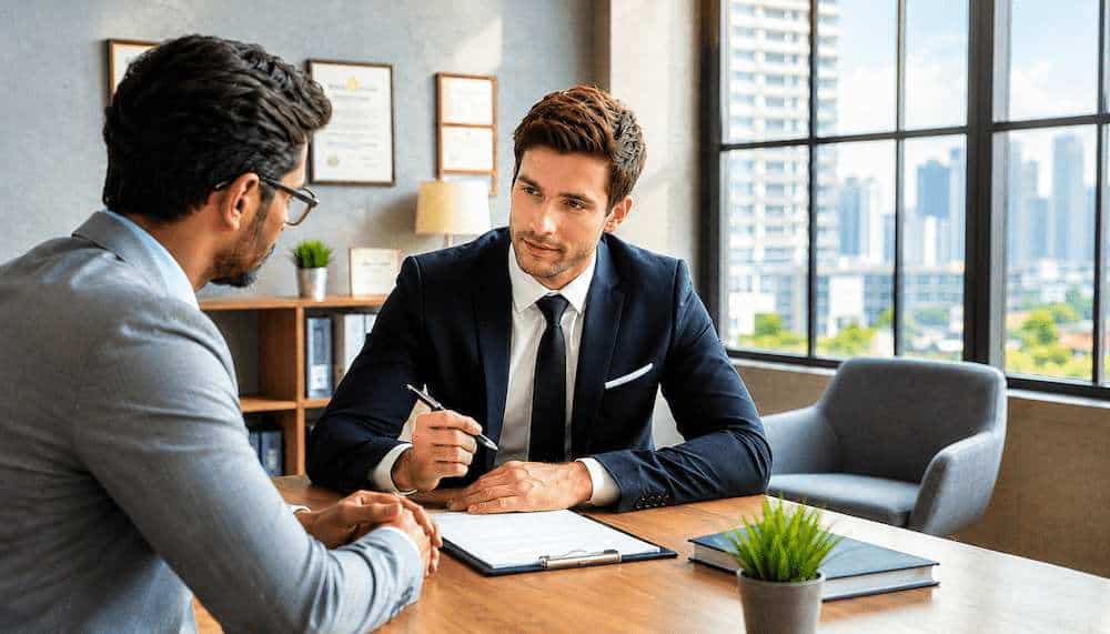 Financial advisor discussing investment options with a client in an office, with a city view outside the window.