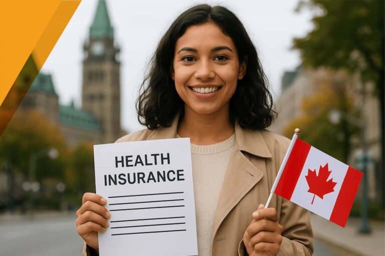 Woman holding a health insurance document and Canadian flag in front of Parliament in Ottawa.
