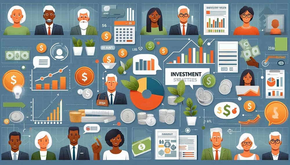 Illustrated infographic that reads retirement investment strategies.