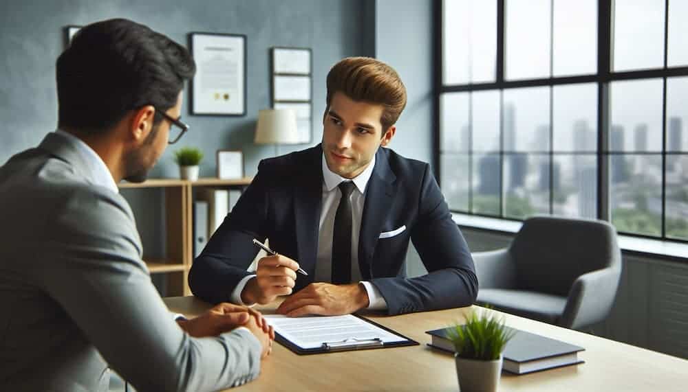 Financial advisor meeting with a client across a desk in a modern office overlooking a city skyline.