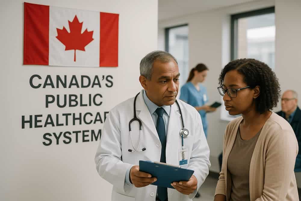 Doctor reviewing paperwork with a patient under a sign reading Canada’s Public Healthcare System.