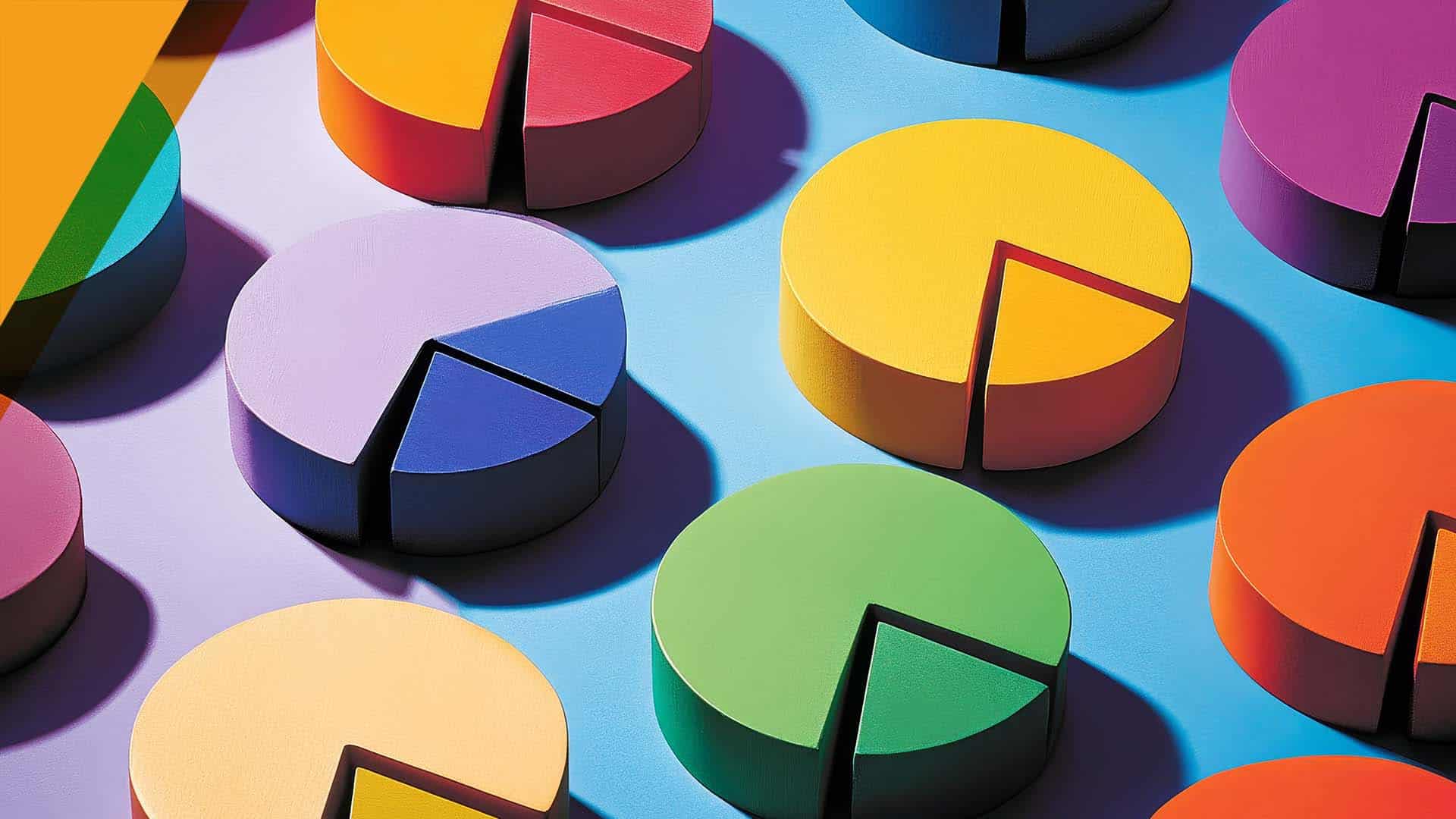 Colorful 3D pie charts representing different types of financial investments and portfolio diversification.