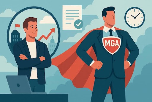 Partnering with an MGA An infographic-styled image of an insurance agent looking up to an MGA with a superhero cape.