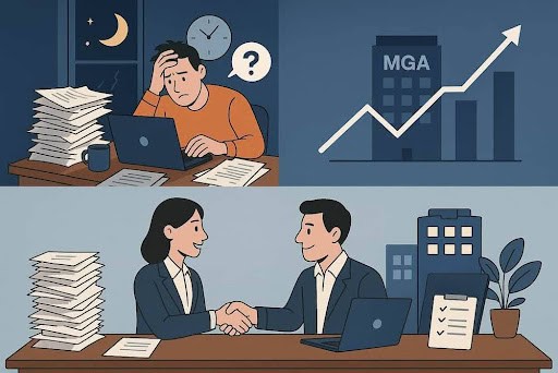 Simplify Daily Work An infographic-style 3-panel comic showing an agent finding success with an MGA that helps to simplify daily work.